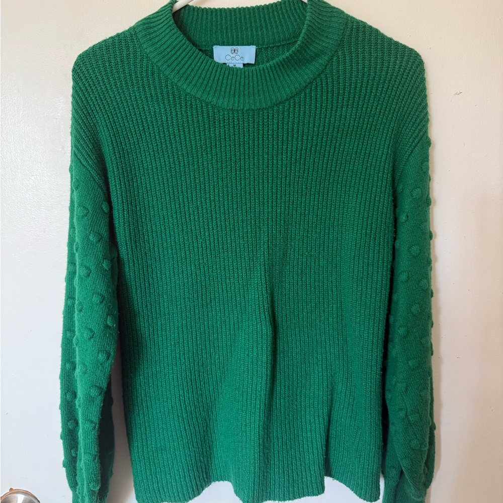 CeCe Emerald Green Crew Neck Sweater with Textured Knit